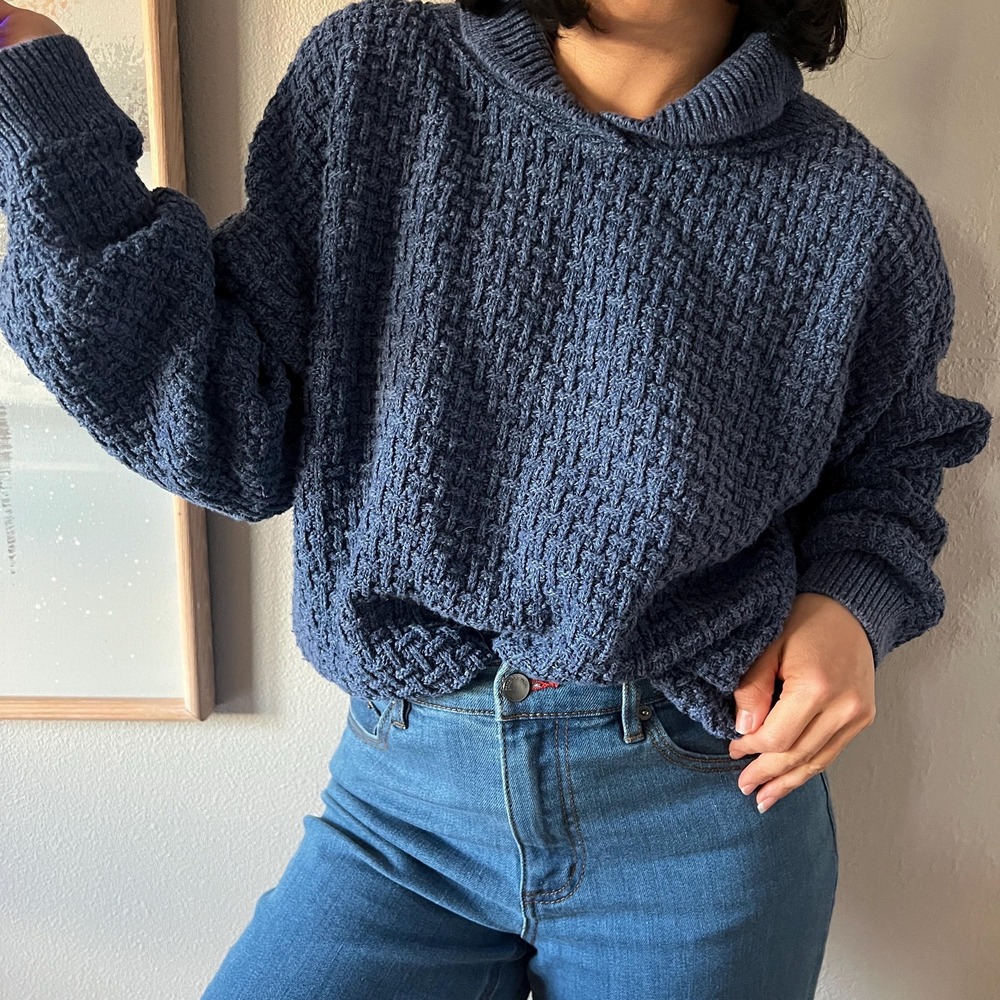 Vintage‎ 90s eddie bauer basket weave knit blue long sleeve grandpa sweater XL